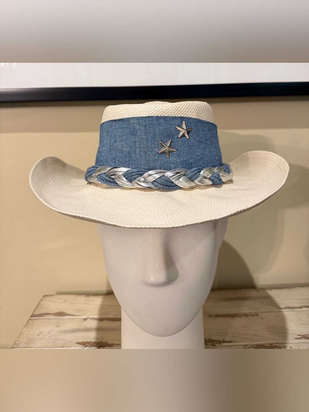 Vintage RINE Chapeaux New Orleans Western Straw Cowboy Hat Denim Silver Star 22”